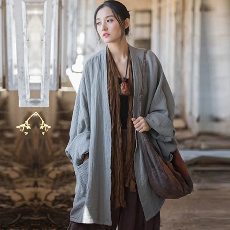 

Pop Women Loose Shirt Summer Autumn R Retro Casual Flax Tops Ladies Vintage Blouse Tops Outer Garment Woman Jacket