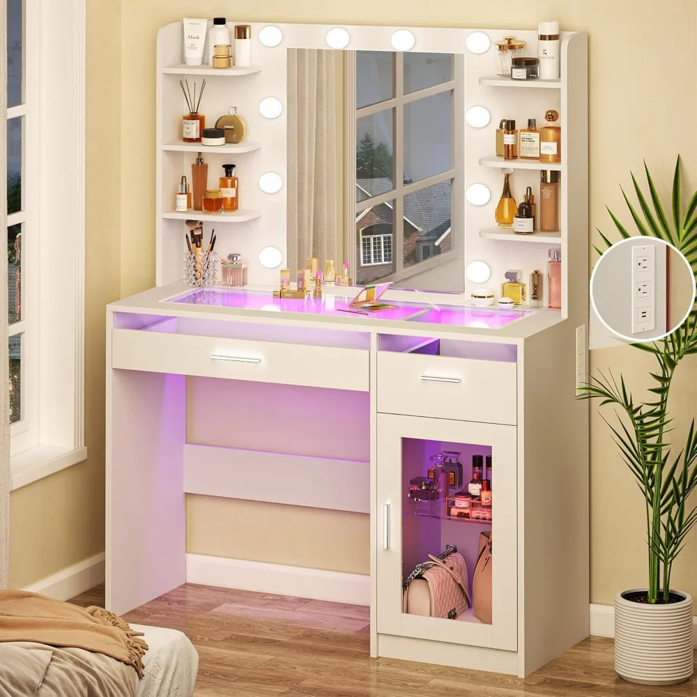 Vanity with Glass Top & Wireless Charging, Vanity with RGB Drawers, 3 Colors Light, Power Outlet Safety Switch for Bedroom