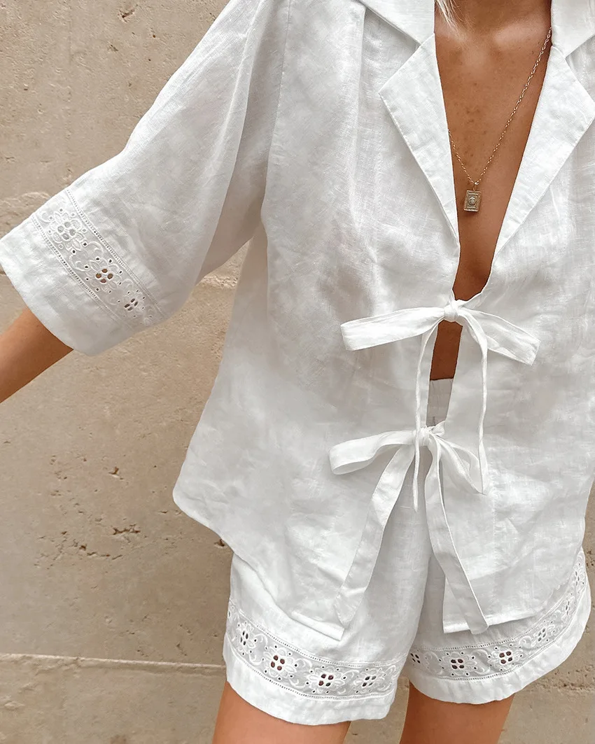 

Jastie Seaside Vacation Summer Outfit 2024 Women Short Sleeve Shirt + Hot Shorts Two Pieces Sets White Cotton Linen Shorts Suit