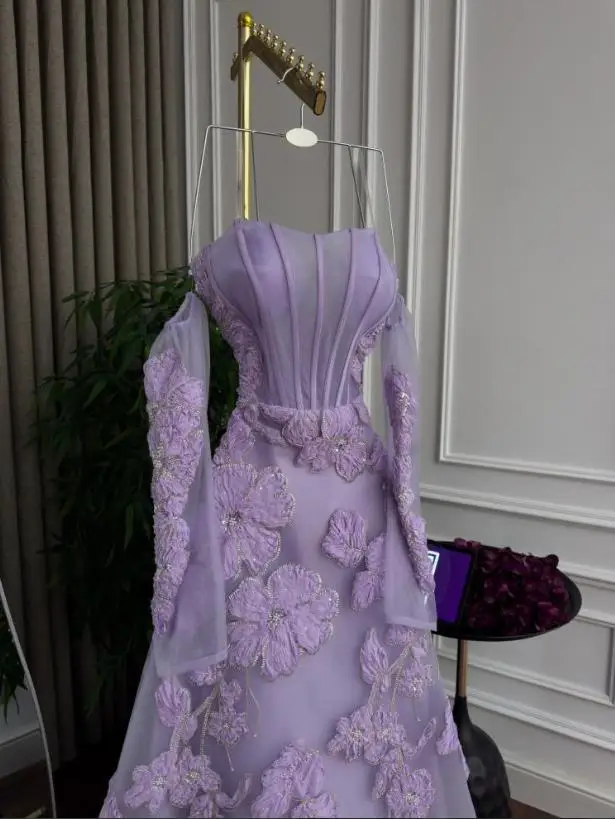 カスタム刺繍レースイブニングドレス オフショルダー フルスリーブ ウェディングゲストドレス Aライン コルセット ロブドソワレ