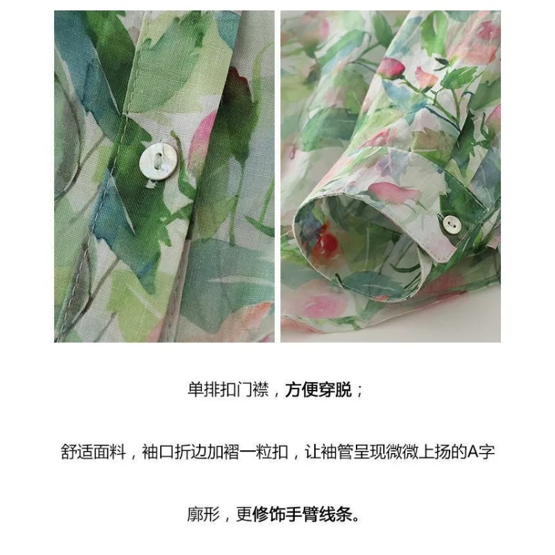 2025, Blatt-bedrucktes Hemd, französisches, lässiges, vielseitiges, dünnes, florales Damen-Knopf-Elegantes Oberteil