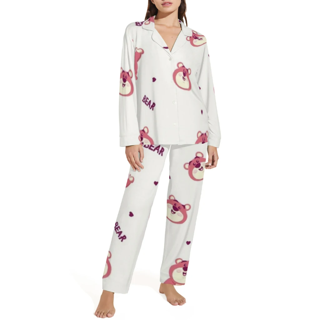 Disney Strawberry Bear pajama set featuring a comfortable button-down top and pants with an elastic waistband,