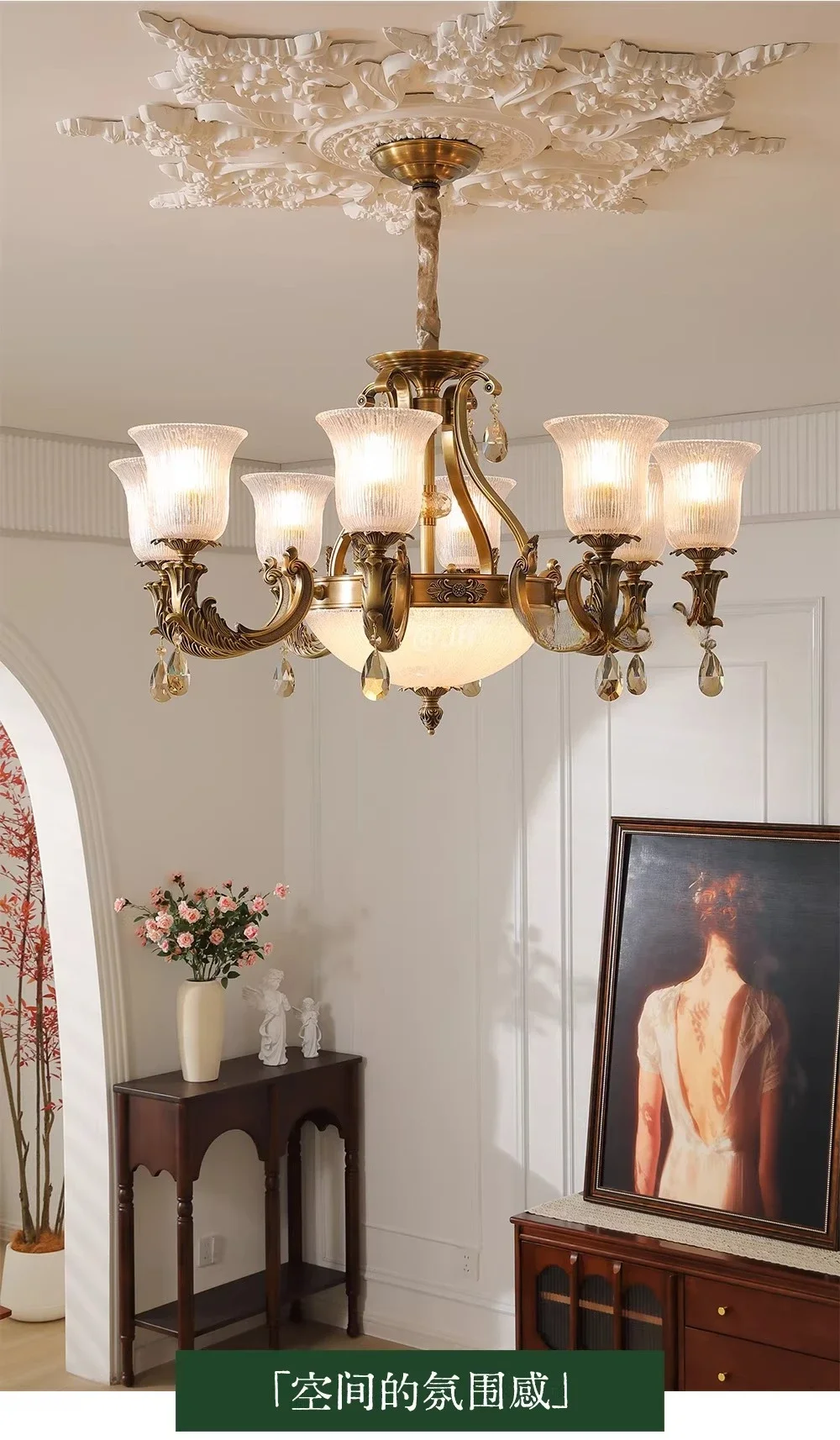 All-copper American living room crystal chandelier, French court retro high-end atmospheric villa  lamp