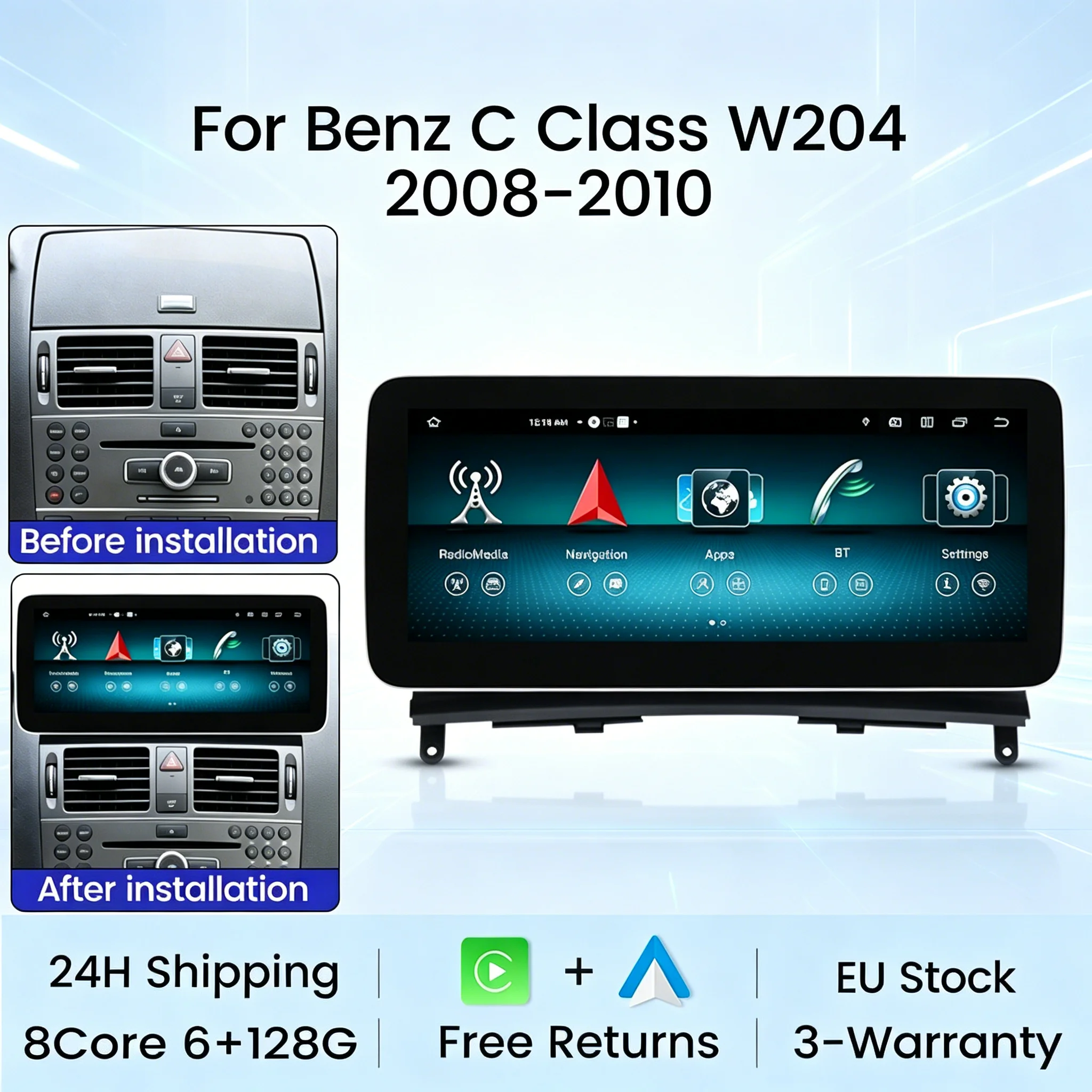 Autoradio multimediale con schermo Android da 10,25 pollici, connettività wireless Carplay, per Mercedes-Benz Classe C W204 S204, modelli 2008-2010, 2 DIN, Android Auto, WIFI, BT, DSP.