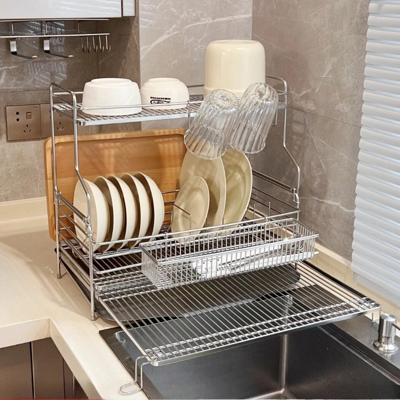 

Подставка для сушки посуды из нержавеющей стали 304, 2-уровневая, для раковины, органайзер для кухонных принадлежностей, держатель для тарелок и мисок, экономия места