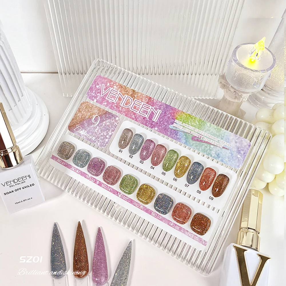 Vendeeni 9 Farben/Set Regenbogen Glitzer Gebrochener Diamant Gel Nagellack UV LED Aushärtbarer Gel-Lack Flash Nail Art Gel mit Display – Detail 11
