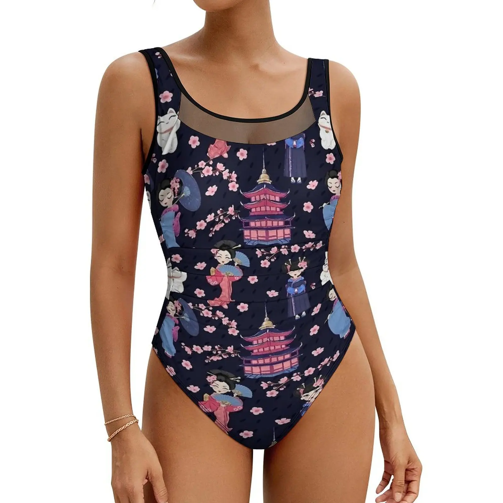 

Cute Japanese Dolls Navy Swimsuit One Piece Swimwear Push Up Simple Bathing Suit Sexy Beach Printed Swimsuits