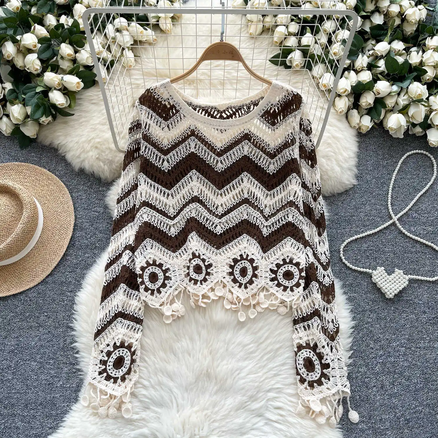 Zig Zag Crochet Top Long Sleeve V-Neck Wavy Striped Open-knit Pullover Sweater for Women Teen-girl Boho Vacation Outfit