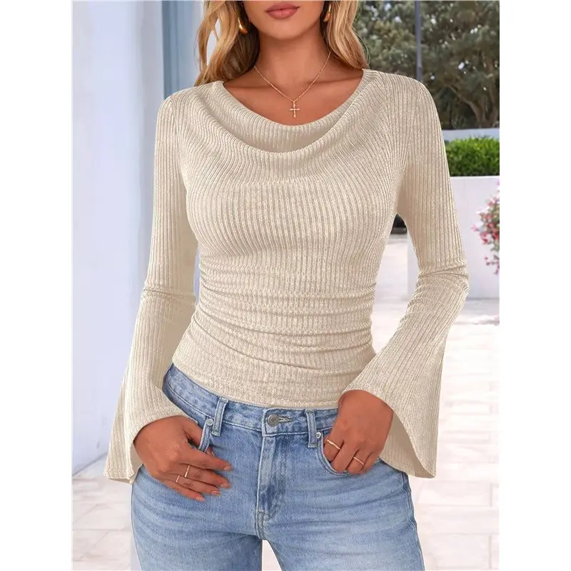 Women's Long Sleeve Cowl Neck Ribbed Knit Spring Shirts Slim Fit Ruched Crop Tops Basic T-Shirts Apricot Color XXL Eco-Friendly