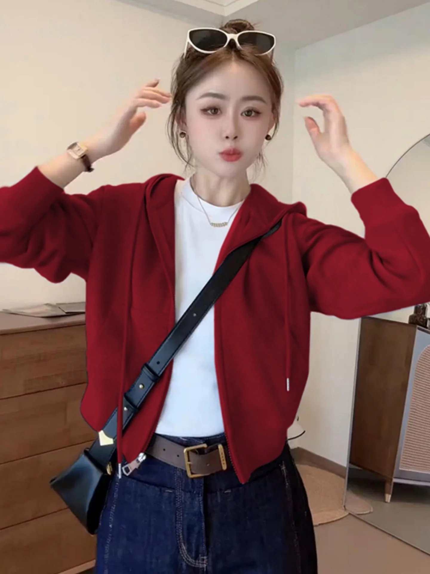 

Red Wine Color Hooded Zipper Cardigan Thiened Long Sve Women's Sweatirt Warm Outerwear ort Sle Fce Lined Autumn...