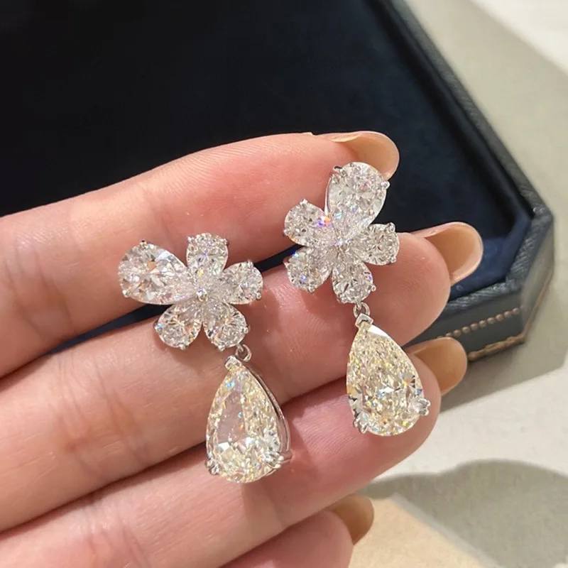 S925Silver Water Drop Artificial Diamond Flower for Women Light Luxury Temperament High-Grade Stud Earrings Specia