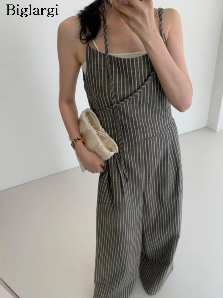 

Summer Slip Sleeveless Jumpsuit Women Striped Print Modis Slim Waist Ladies Jumpsuits Wide Leg Korean Style Loose Woman Jumpsuit