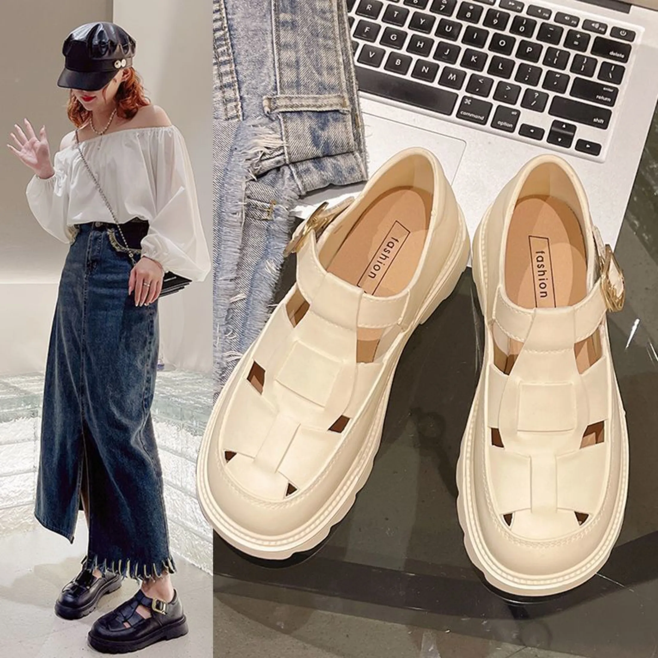 Mid-heel (shoes) Retro Frosted Genuine Leather Women's Sandals 2024 New Hollow Women's Shoes Roman Baotou Sandals for Women