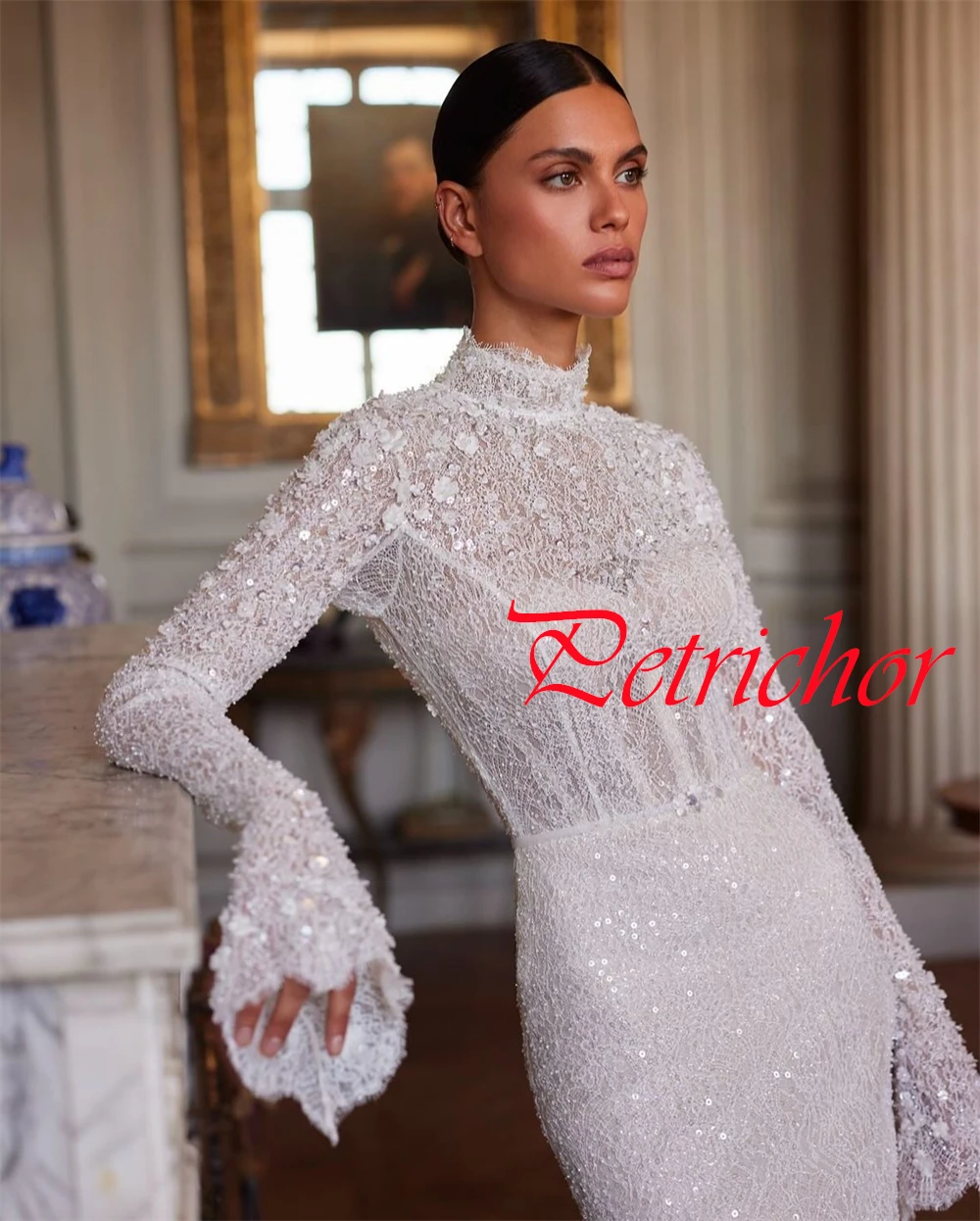 Robe de mariée en Organza blanc de haute qualité, personnalisée, tempérament, décolleté haut, manches longues, robe de mariée avec traîne chapelle
