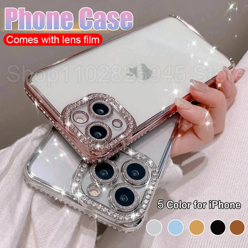 Comes With Lens Film Plating Flash Diamond Silicone Phone Case For IPhone 16 15 14 13 12 11 Pro Max Rhinestone Cover