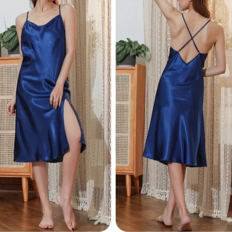 Summer Satin One Line Neck Sleepwear Women Sexy Cross Suspender Nightgown Ladies Backless Mid Length Suspender Women's Clothing