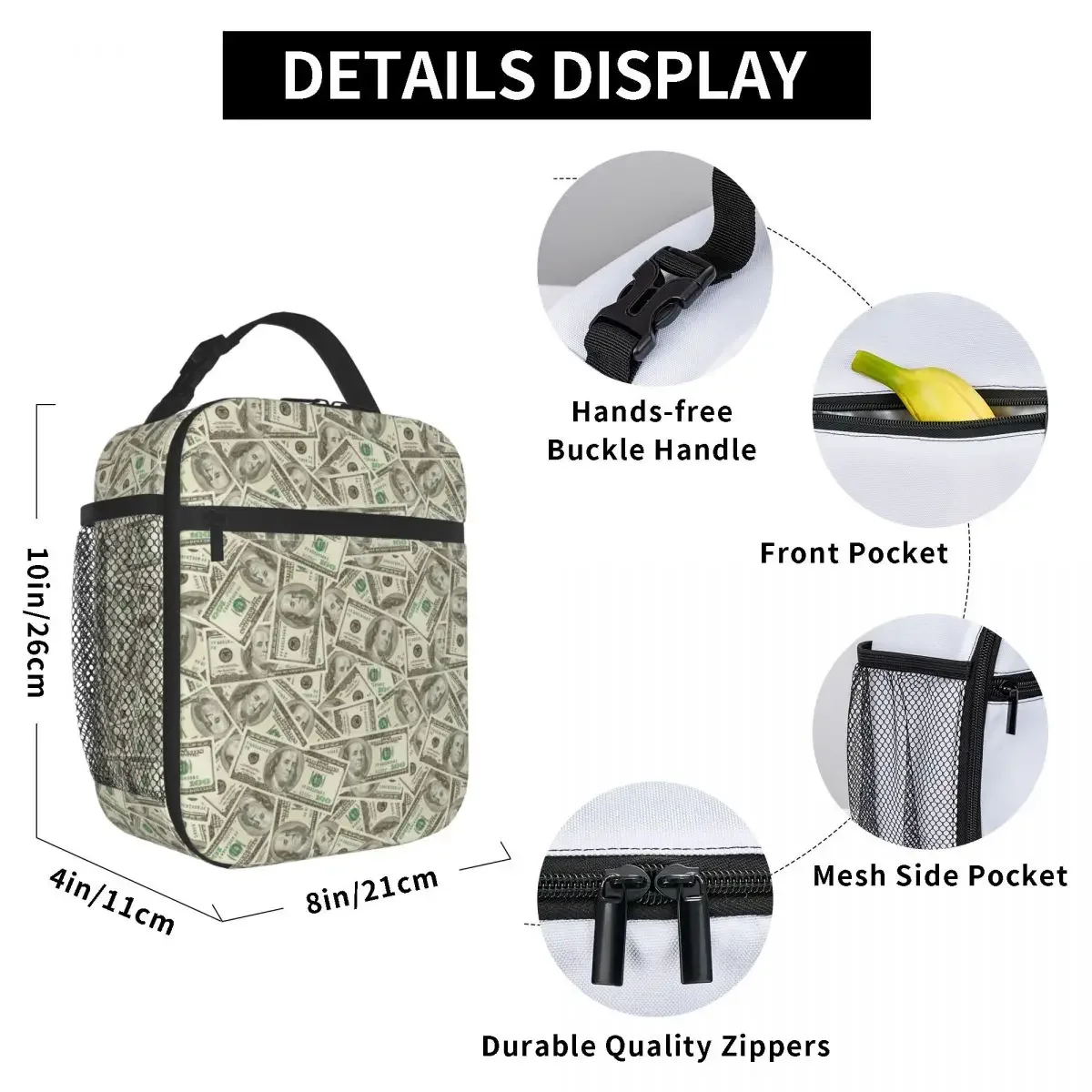 US Dollar Banknotes Insulated Lunch Bag for Kids School Cooler Thermal Food Box Tote Portable Lunch Boxes Container
