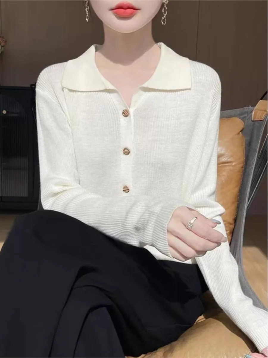 

Женский вязаный кардиган с отложным воротником, длинными рукавами, весенний, модный, элегантный, базовый топ