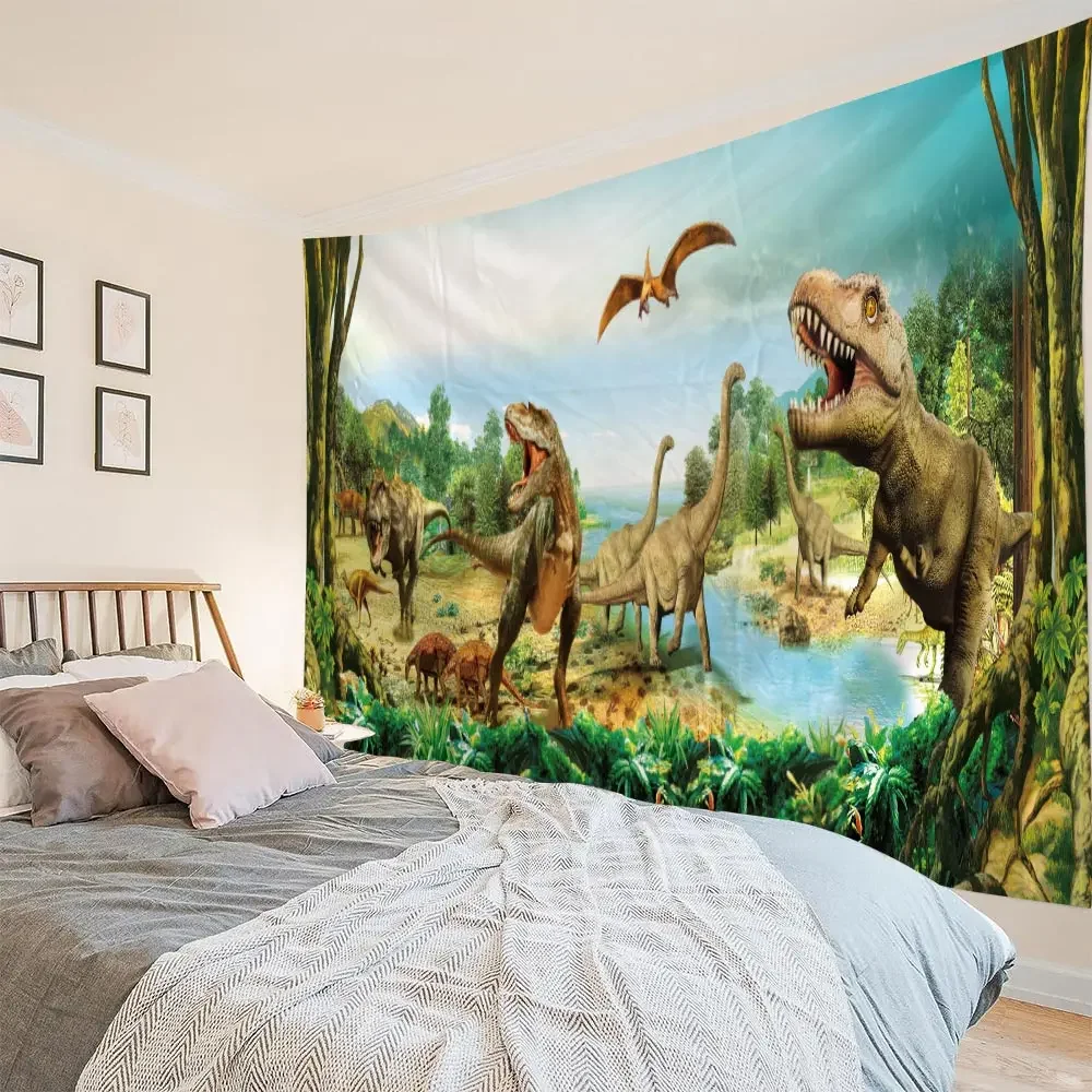 Dinosaur World Kawaii Psychedelic Animal Art Tapestry Boho Hippie Wall Hanging Big Rug Sheet for Room Decor Home Decor