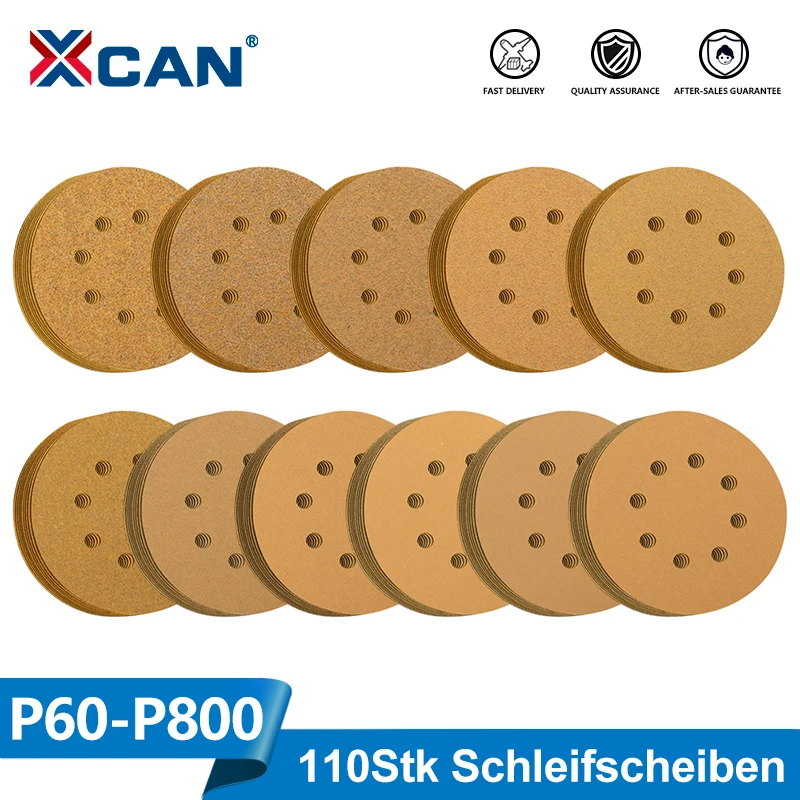 XCAN 110tlg papier abrasif 125mm meules Velcro 8 trous feuilles de ponçage rondes P60-P800 pour meuleuse excentrique bois
