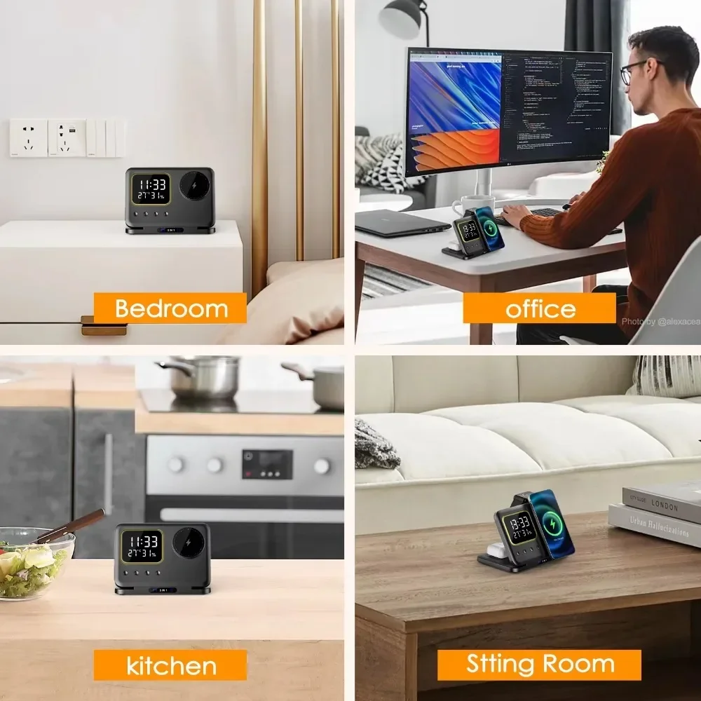 2024 Newest 5-in-1 Qi 15W Quick Magnetic Fast Charging Ugreen Wireless Charger Station with LED Night Lamp and Clock