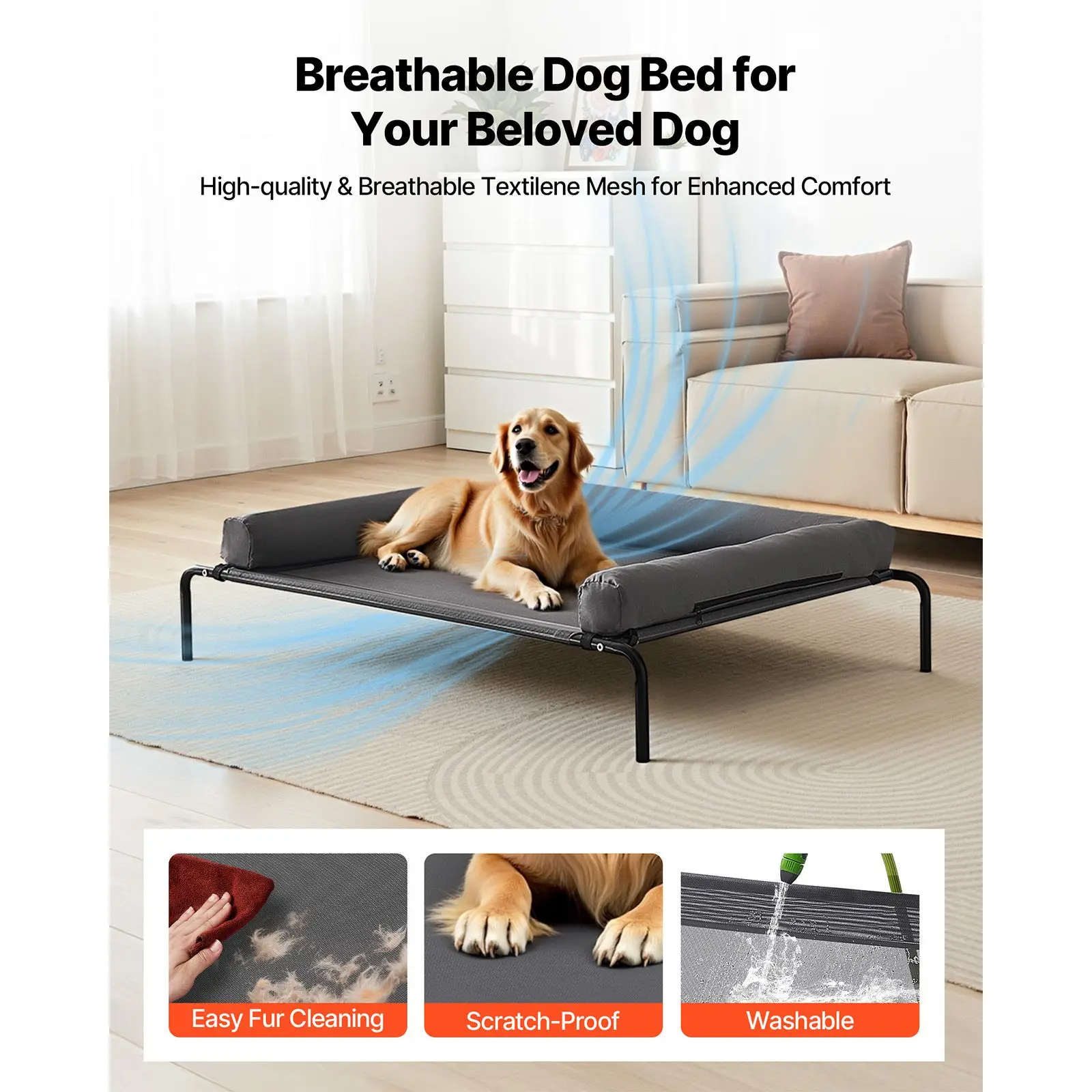 Elevated Dog Bed for Large, Portable Raised Cot with Washable Pillow, Indoor & Outdoor Pet Cooling Hammock Steel Metal Frame and