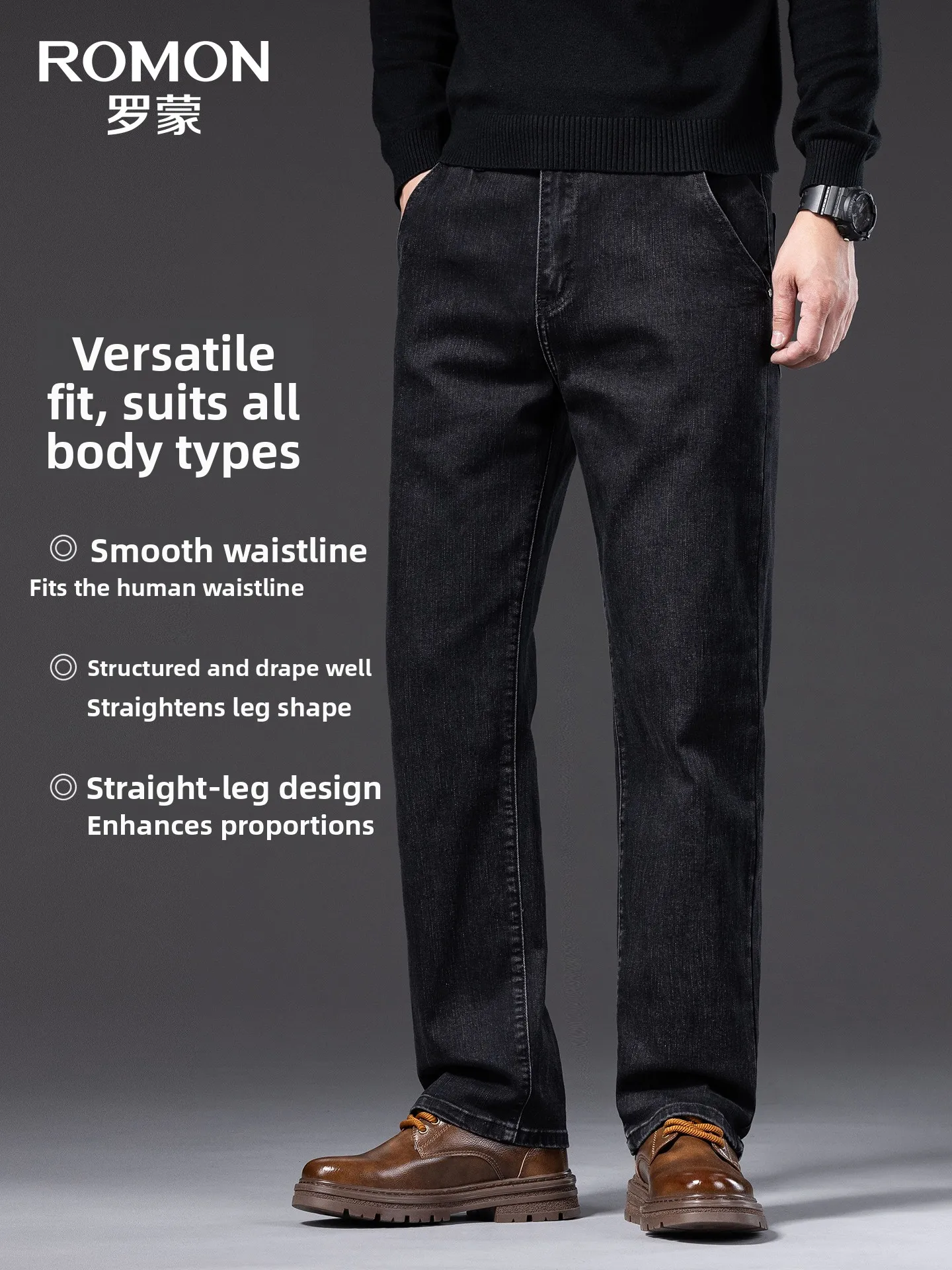 Lormen Men's Casual Straight Leg Jeans Anti-Wrinkle Wear-Resistant Easy Care Lightweight Business Trousers for Autumn Winter