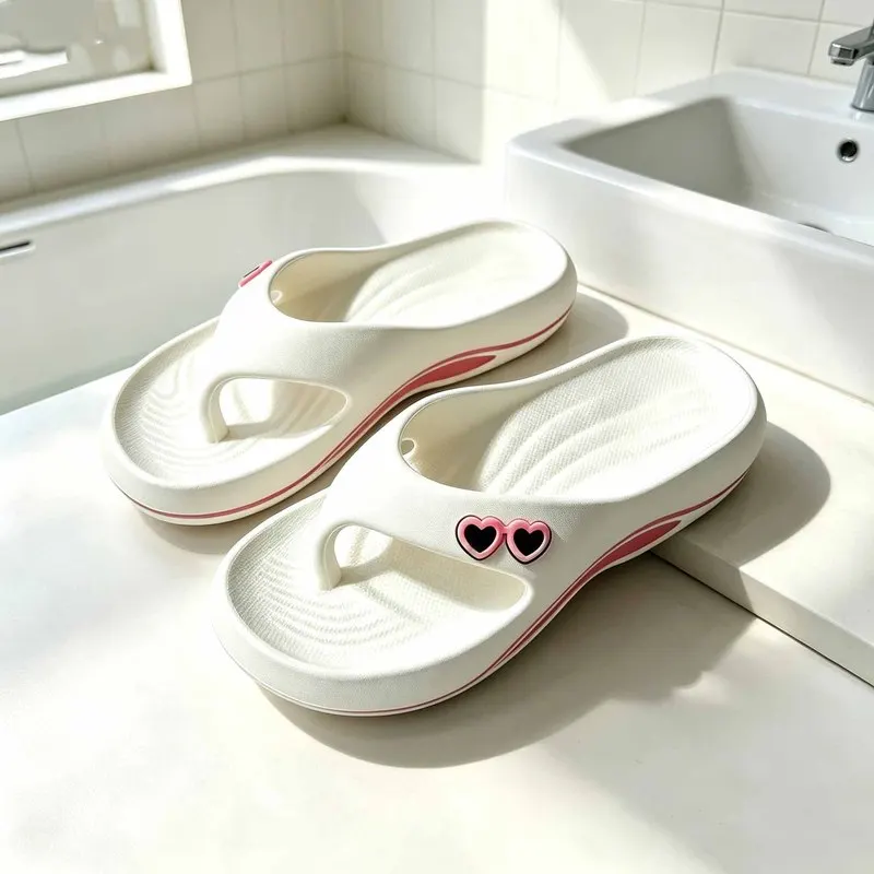 Unisex Summer Flip Flops Heart Shape Decoration Wavy Textured Footbed Thick Sole Beach Pool Thong Sandals