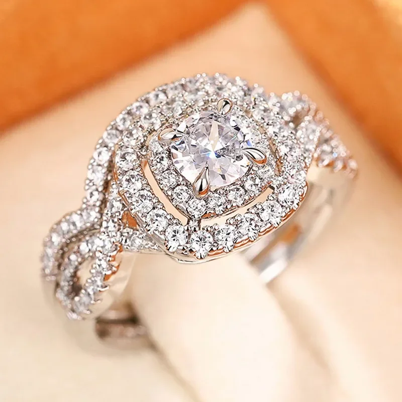 new Fashion 2Pcs Set Rings Sparkling Cubic Zirconia Wedding  for Women 2024 Newly Designed Temperament Female Jewelry