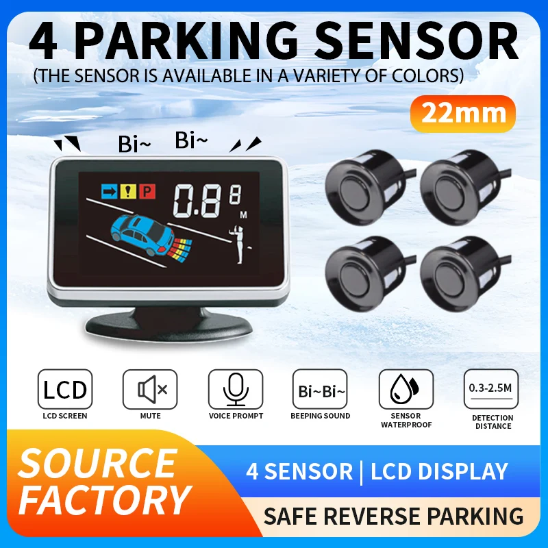 

4 Sensor Car Parking Radar Kit with LCD Display Voice/Silent/Beep Modes, 22MM, supporting multi-country voice prompts