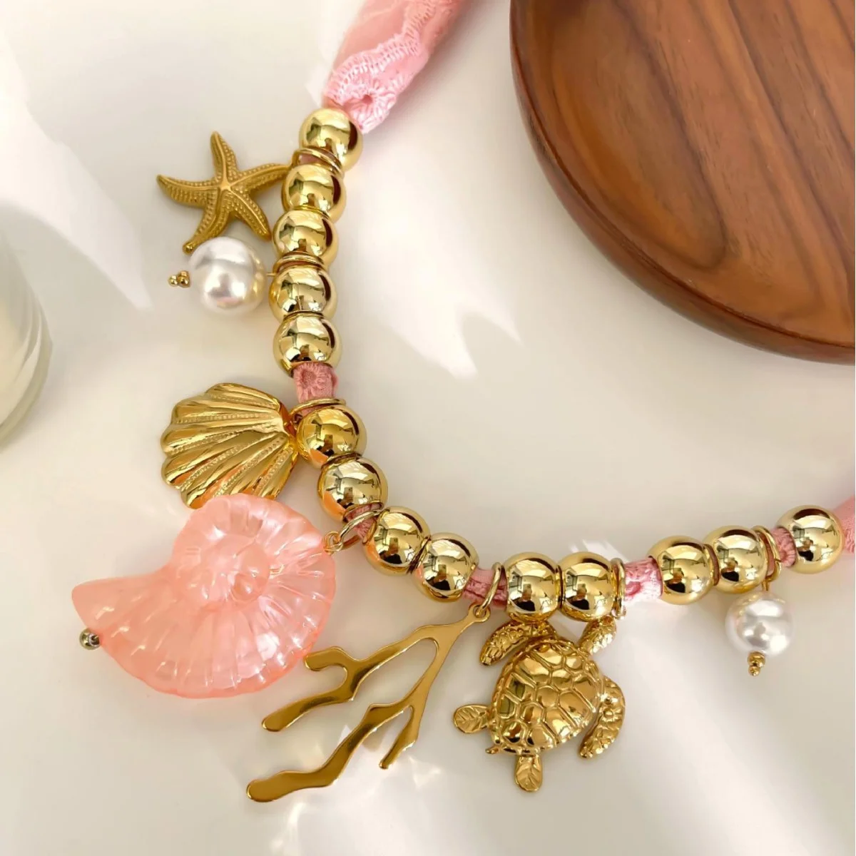 

European Woven Color Rope Stainless Steel Shell Starfish Ceramic Pendant Necklace, Hot Sale Summer Women Jewelry