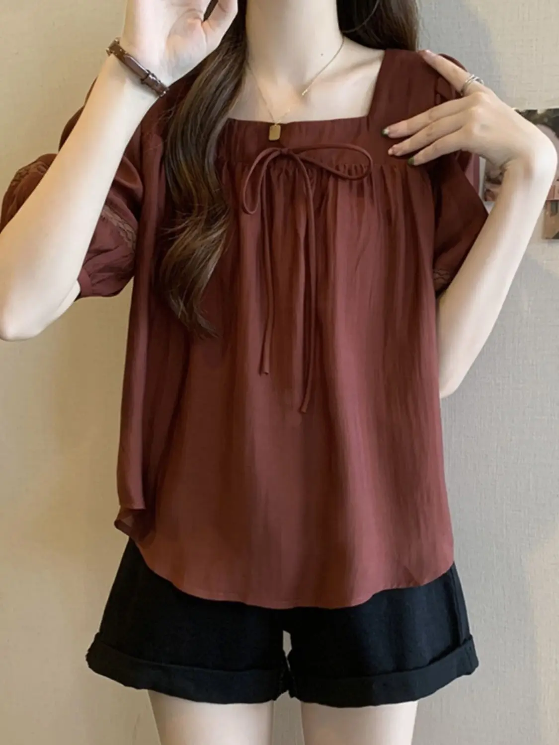 French Square Collar Puff Sleeve Chiffon Shirt for Women Short-sleeved Summer Large Size Loose Top