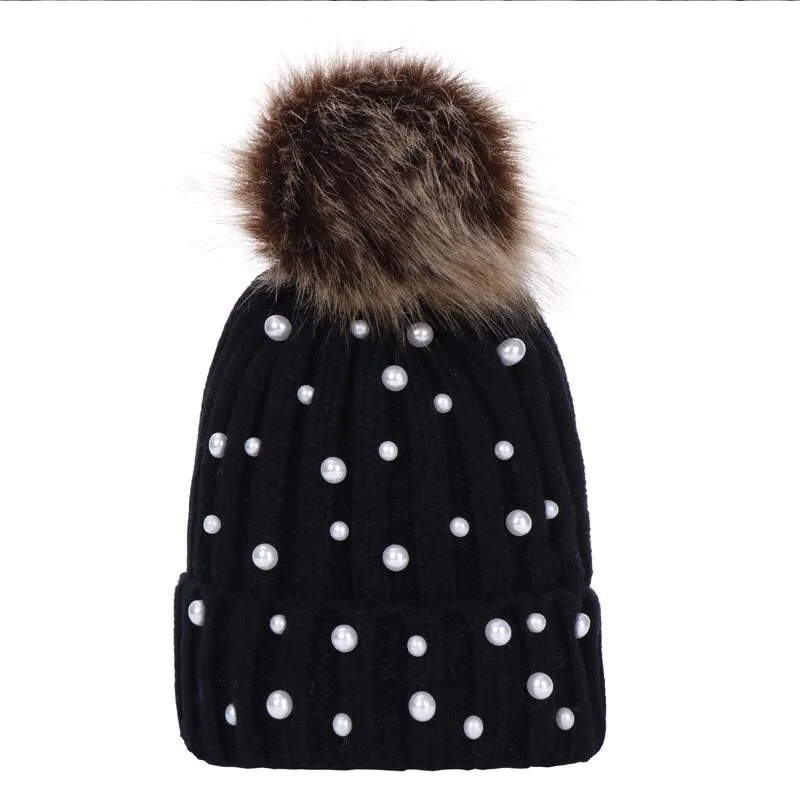 Autumn winter lovable baby warm knitted hat Fashion Pearl earmuffs Hat Girls Female Skullies Beanie Cap Pompom Hats