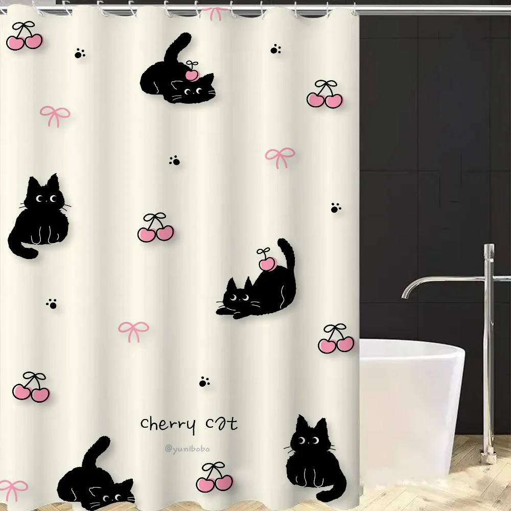 Japanese Black Pink Cute Cherry Cat Shower Curtain for Bathroom Accessories Set Folding Partition Bath Curtains Bedrooms Showers