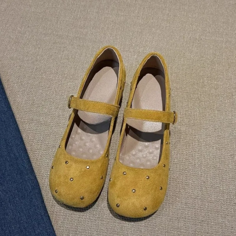 Sepatu Wanita Model Mary Jane Desain Rivet Berhias Batu Rhinestone, Ujung Runcing, Hak Rendah, Sepatu Desainer Mewah