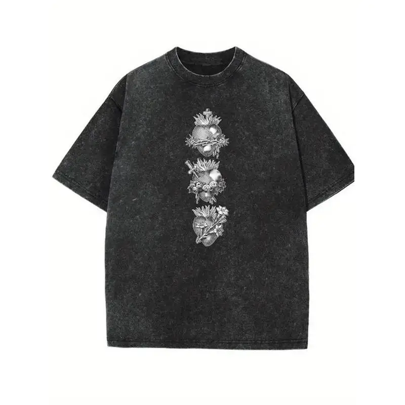 

Vintage Cotton Sacred Hearts Graphic T-Shirt Oversized Gothic Christian Religious Tee Streetwear Top