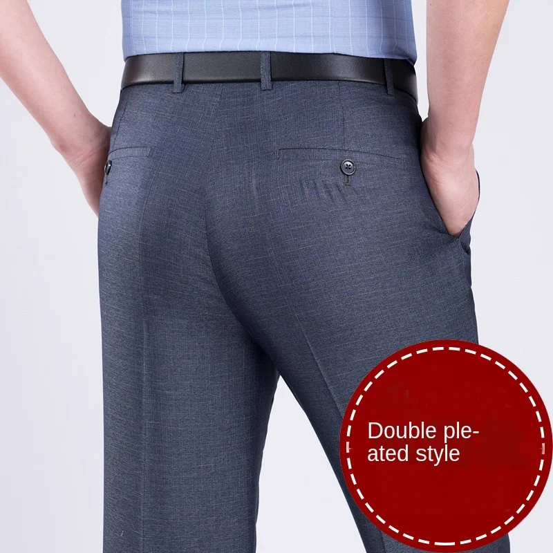 Double Pleated Men Suit Pants High Waist Straight Loose Office Formal Dress Trouser for Man Black Gray Big Size 40 42 44