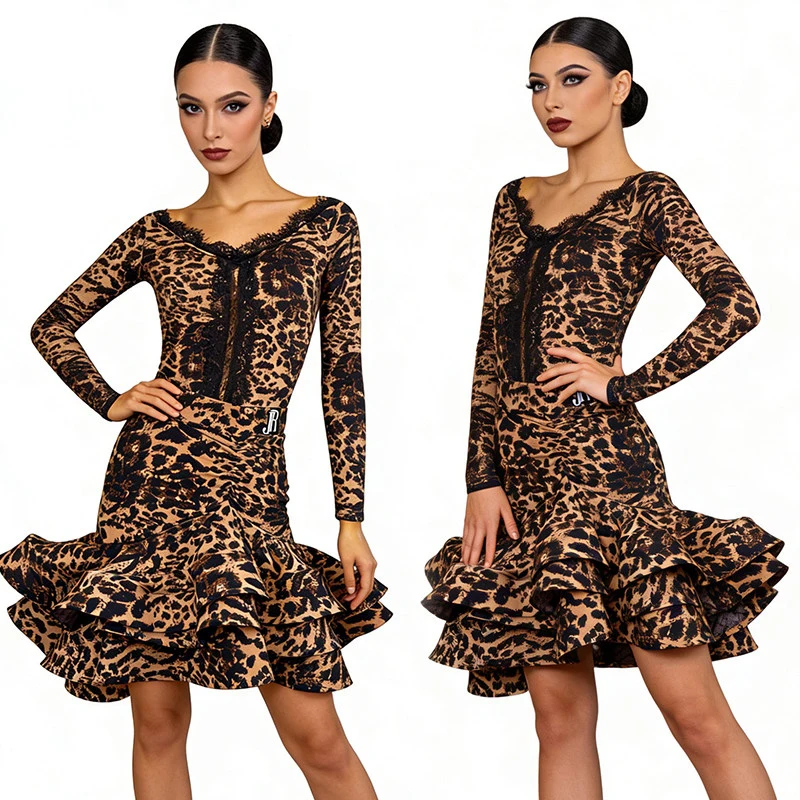 New Latin Dance Costume Women Leopard Dresses Lace V Neck Tops Fish Bone Skirt Long Sleeves Practice Clothes Rumba Wear DNV26489