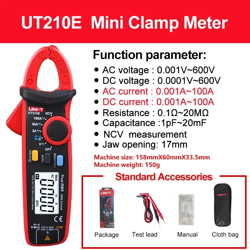 Imagem -03 - Medidor Uni-t-clamp Ut210d Ut210e Ncv True Rms Tensão de Corrente ac dc Alcance Automático Capacitância Vfc Multímetro sem Contato