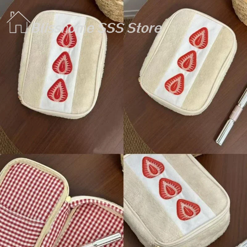 【S】Embroidered Strawberry Pencil Case Portable Stationery Pen Box Multi Large Capacity Makeup Bag St - Latest Model - Perfect