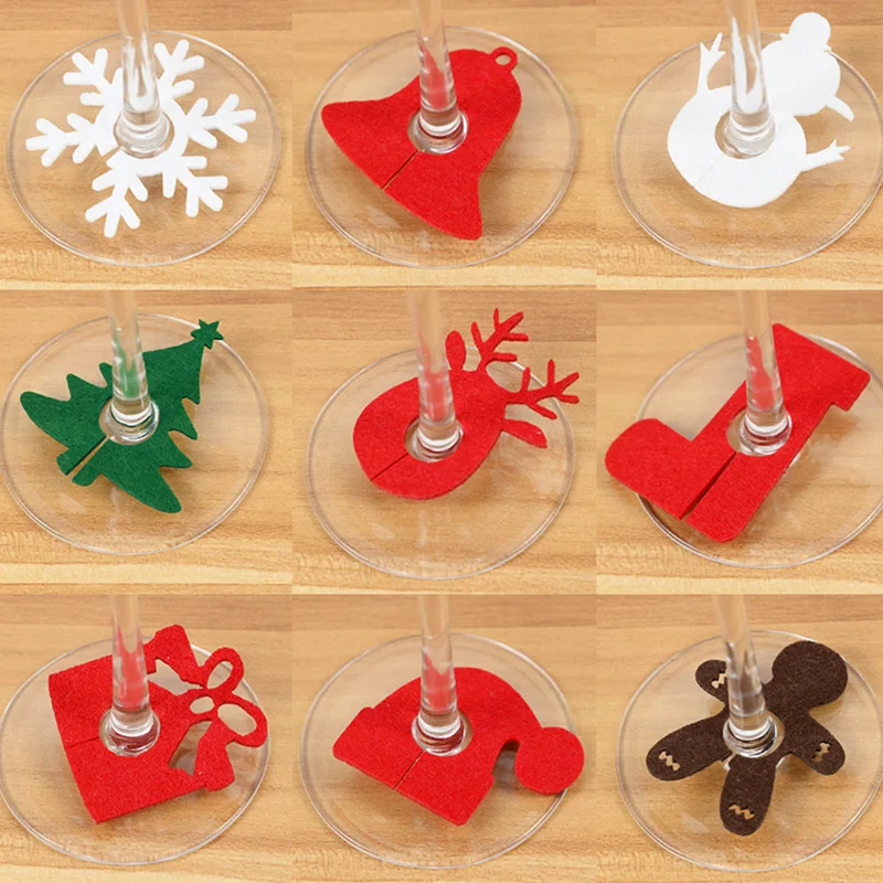 20pcs Christmas Wine Cup Glass Ring Xmas Elk Wine Cup Cards For Christmas Home Decorations Navidad Gifts New Year Party Supplies