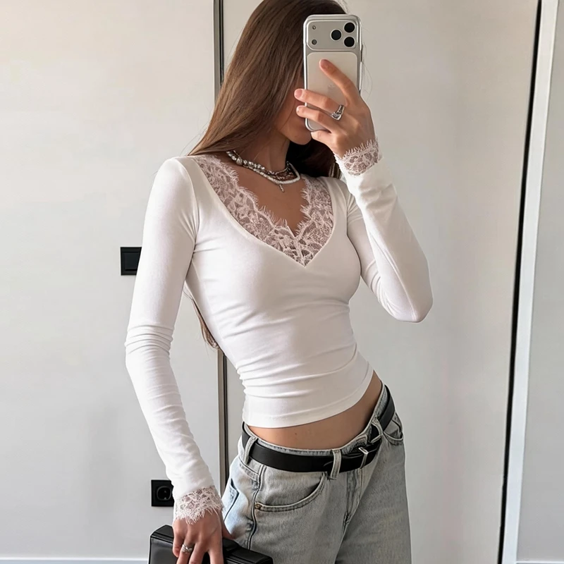 Hugcitar Fashion V-Ausschnitt, einfarbig, langärmelig, mit Spitze, sexy Crop-T-Shirt, Top, passend für Herbst, Damenbekleidung, Party, Nachtclub, T-Shirts – Detail 12