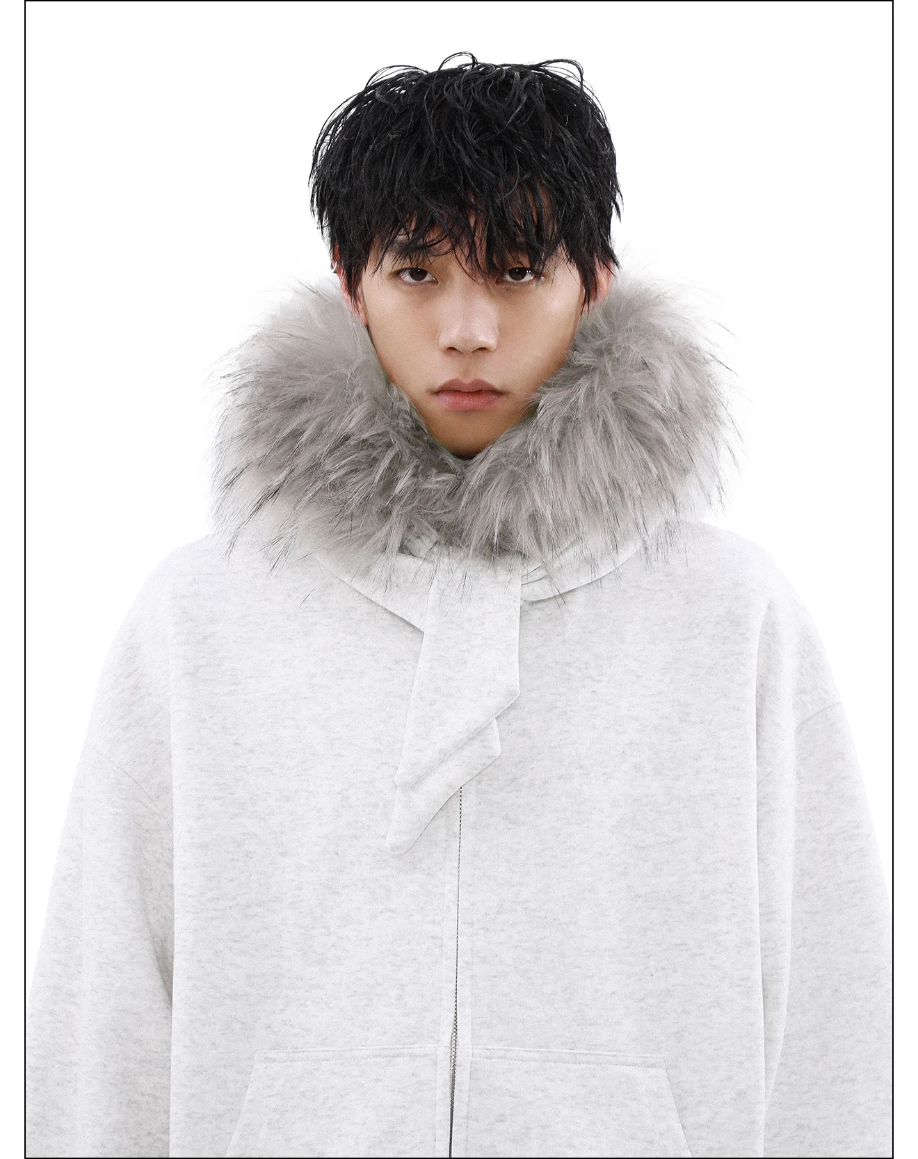 American Fashion Trendy Design Lace-Up Fur Collar Hooded Sweatshirt Stylish Winter Fleece Zipper Cardigan Jacket for Men