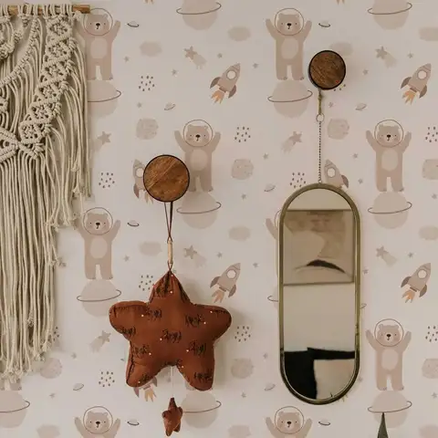 Cartoon Bear and Space Wallpaper Peel and Stick,Cute Bohemian Nursery Wall Mural For Children's Room,Self Adhesive Or Tradition