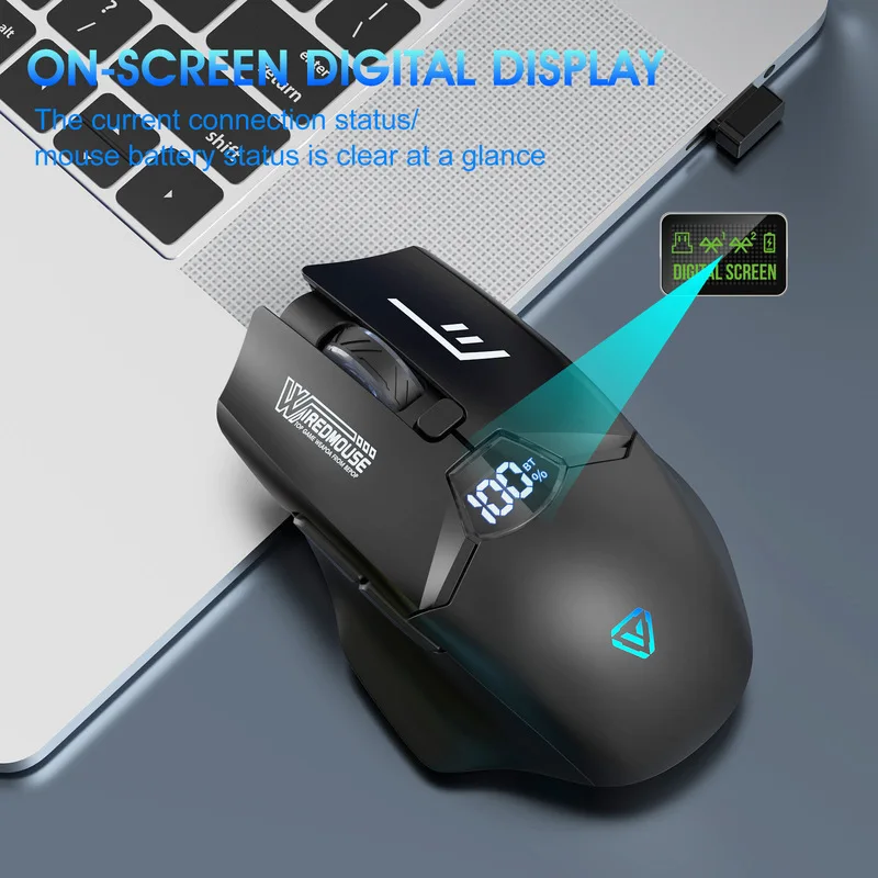 Tri-mode Rechargeable Mouse Digital Screen 6 Programmable Buttons 300 IPS Speed DPI 1000-3200 125Hz Polling Rate 500mAh Battery