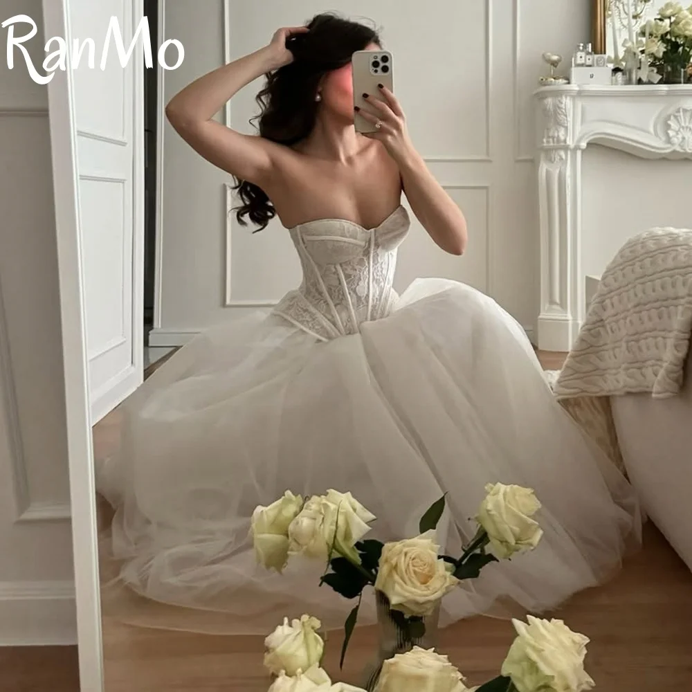 Ranmo Elegant Sweetheart Wedding Dress A-Line Lace 2Pcs Sleeveless Floor-Length Customized Corest vestidos de novia Bride Gown
