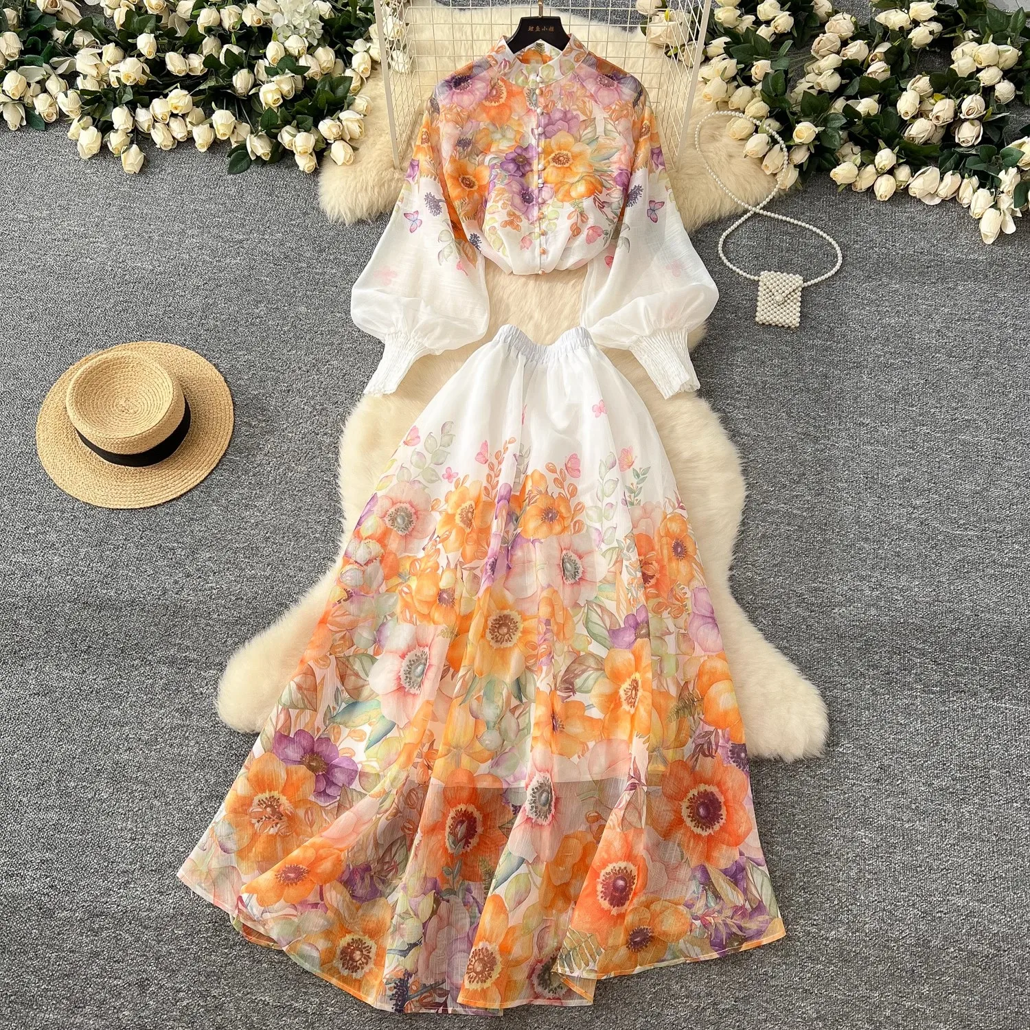 

Summer Holiday Gorgeous Flower Runway 2 Piece Set Women Long Lantern Sleeve Shirt Blouse and Elastic Waist A Line Skirt Suit