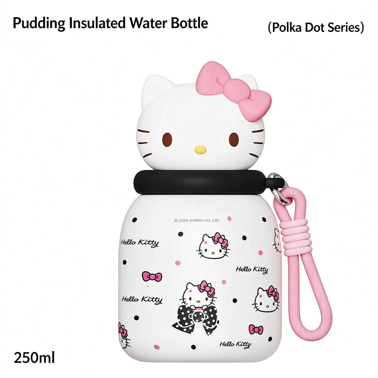 Sanrio Hello Kitty Pudding Vacuum Insulated Water Bottle 250ml Cute Polka Dot Portable Flask With Lanyard Kids Girls Gift