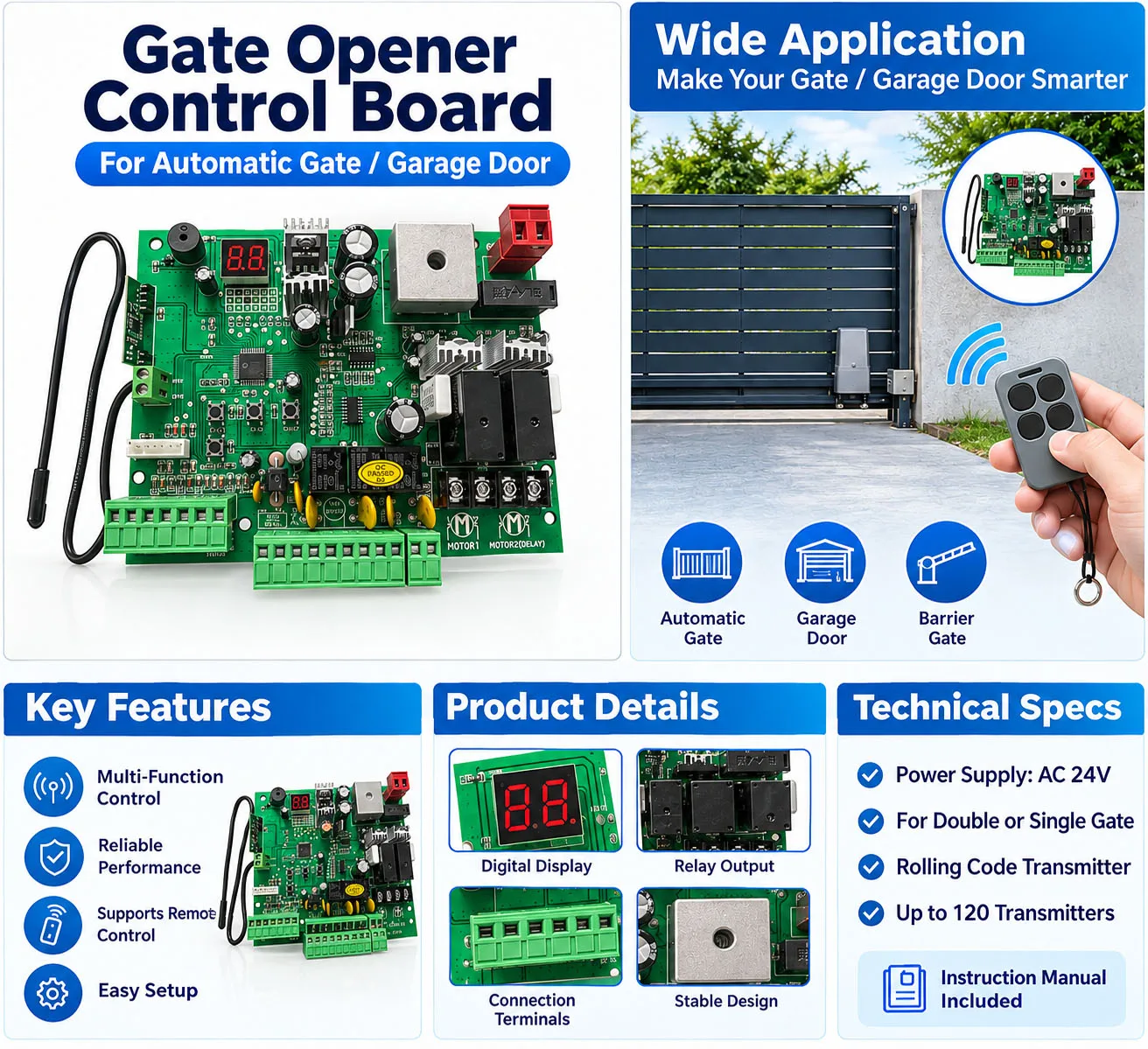 24V Double Swing Gate Opener Control Board with 433.92MHz Remote, Solar/Battery Support, DC12V/24V Output