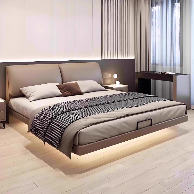 Modern Levitation Genuine Leather With Lamp Double Bed 2 People Full Size Bed Frame 150x200 180x200 Cm Beds Bedroom Furniture